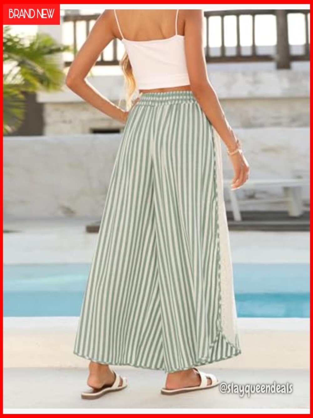 Striped Wide Leg Lounge Pants - Elastic Waist Palazzo Trousers - Picture 4 of 7
